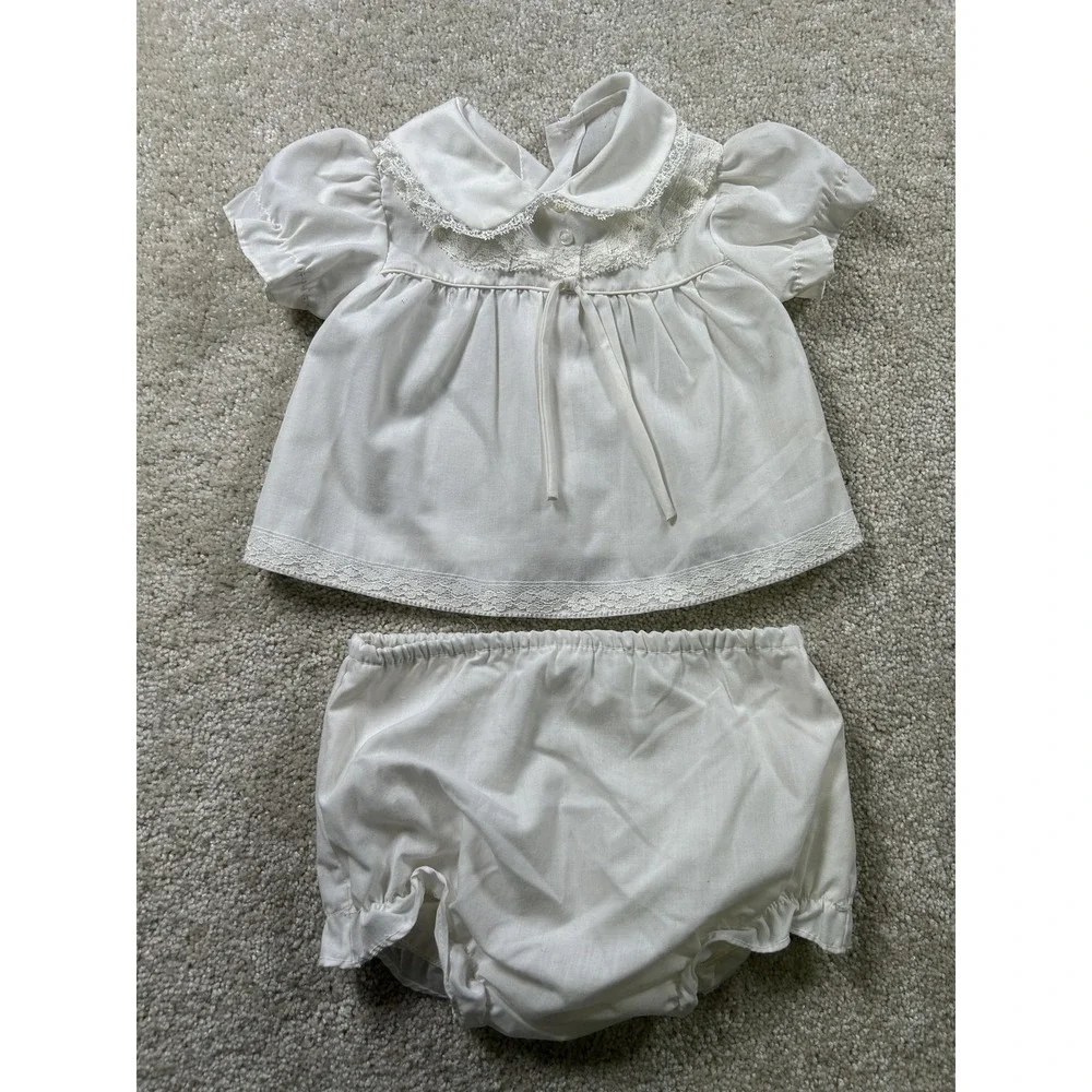 Vintage Mayfair Baby Outfit White‎ Lace Top Bloomer Set Puff Sleeve Infant Girls